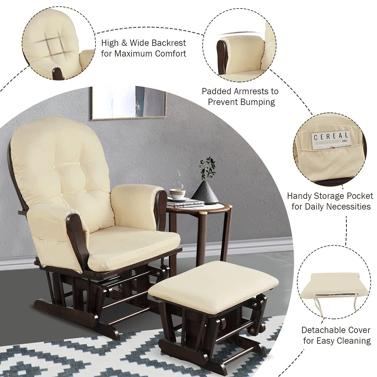 Costzon Glider and Ottoman Set, Wood 29.5” x 28.5” x 39.5” (L x W x H), Beige