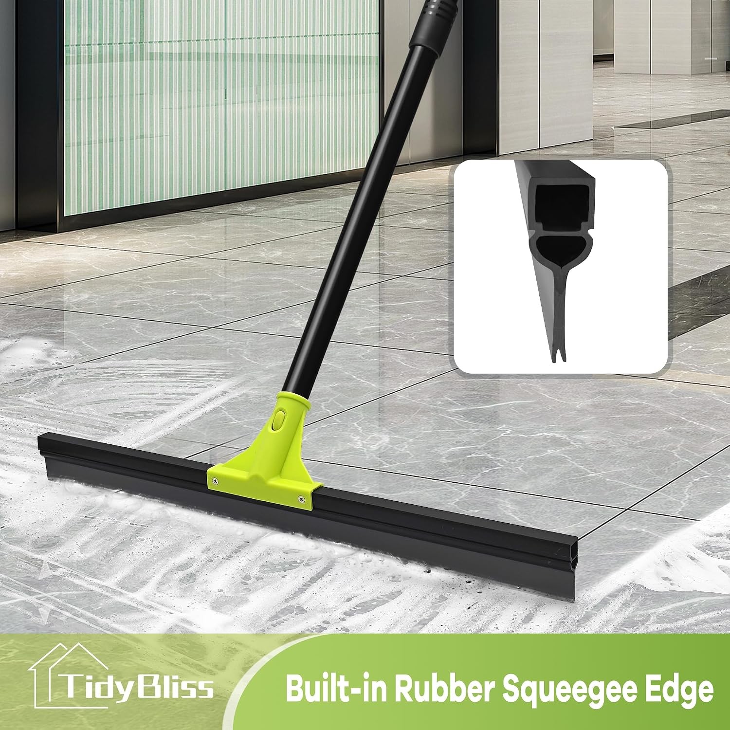 24" Heavy Duty Floor Squeegee, 62" Handle, Rubber Foam Water Scraper