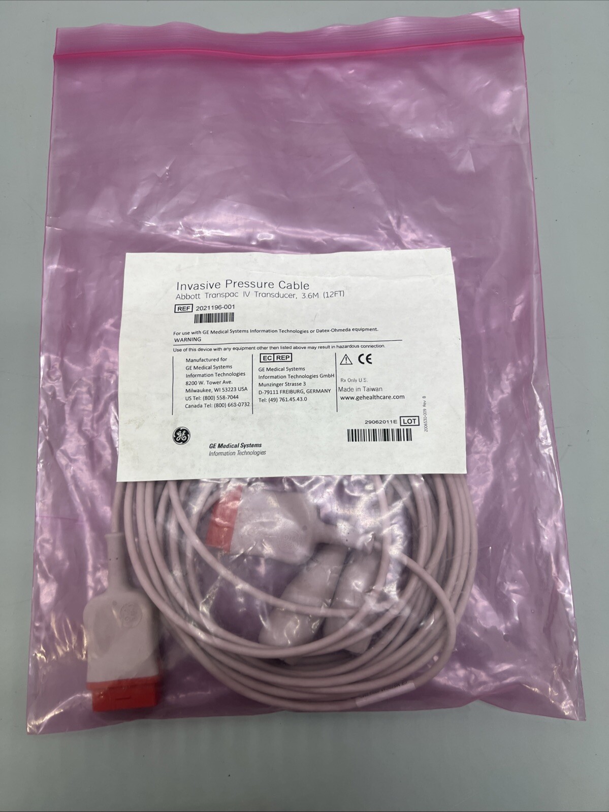 GE 2021196-001 Abbott Transpac-IV Transducer 3.6m BP Cable NEW