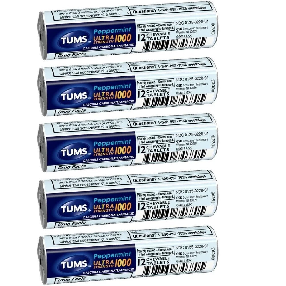 5 Rolls Tums Antacid Ultra Strength 1000 Peppermint Tablets/ 12 pcs each roll