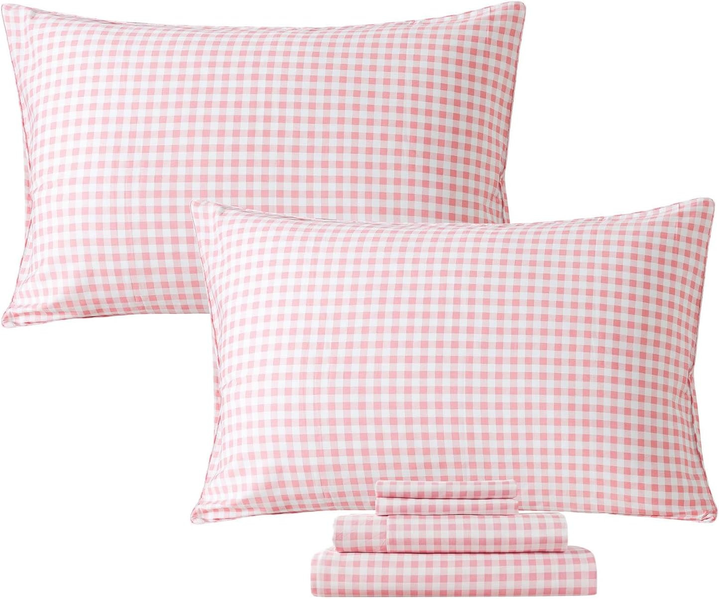 Ultra Soft Pink Plaid King Size Cotton Sheets with 2 Pillowcases - 4Pcs Set