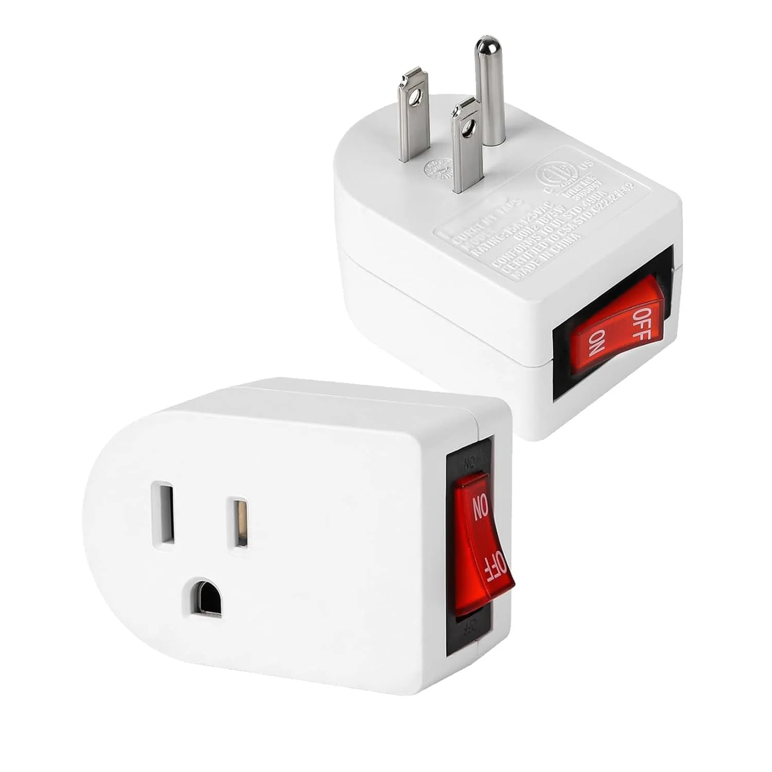 Grounded Outlet Adapter with On/Off Switch 2 Pack, ETL Listed Wall Tap | 3-Prong