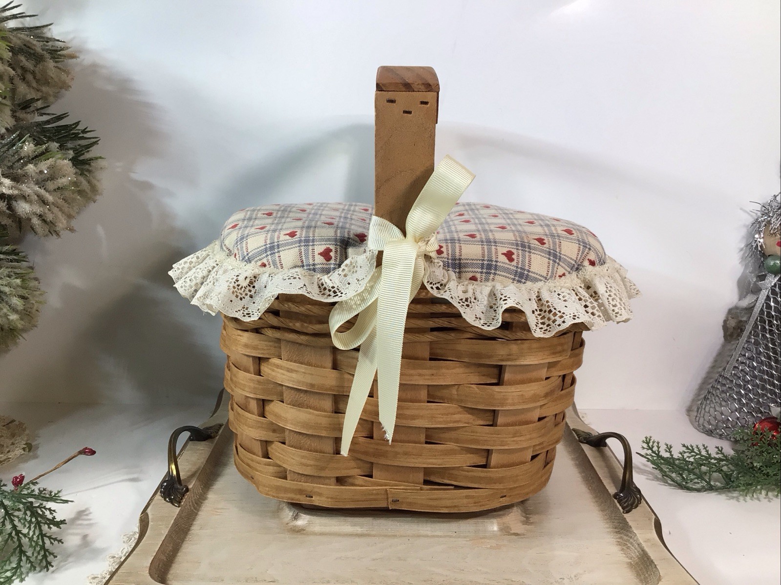 Red River Sampler Basket~ Plaid With Hearts/ Lace Trim~ 9” x 9”~ Farmhouse Chic