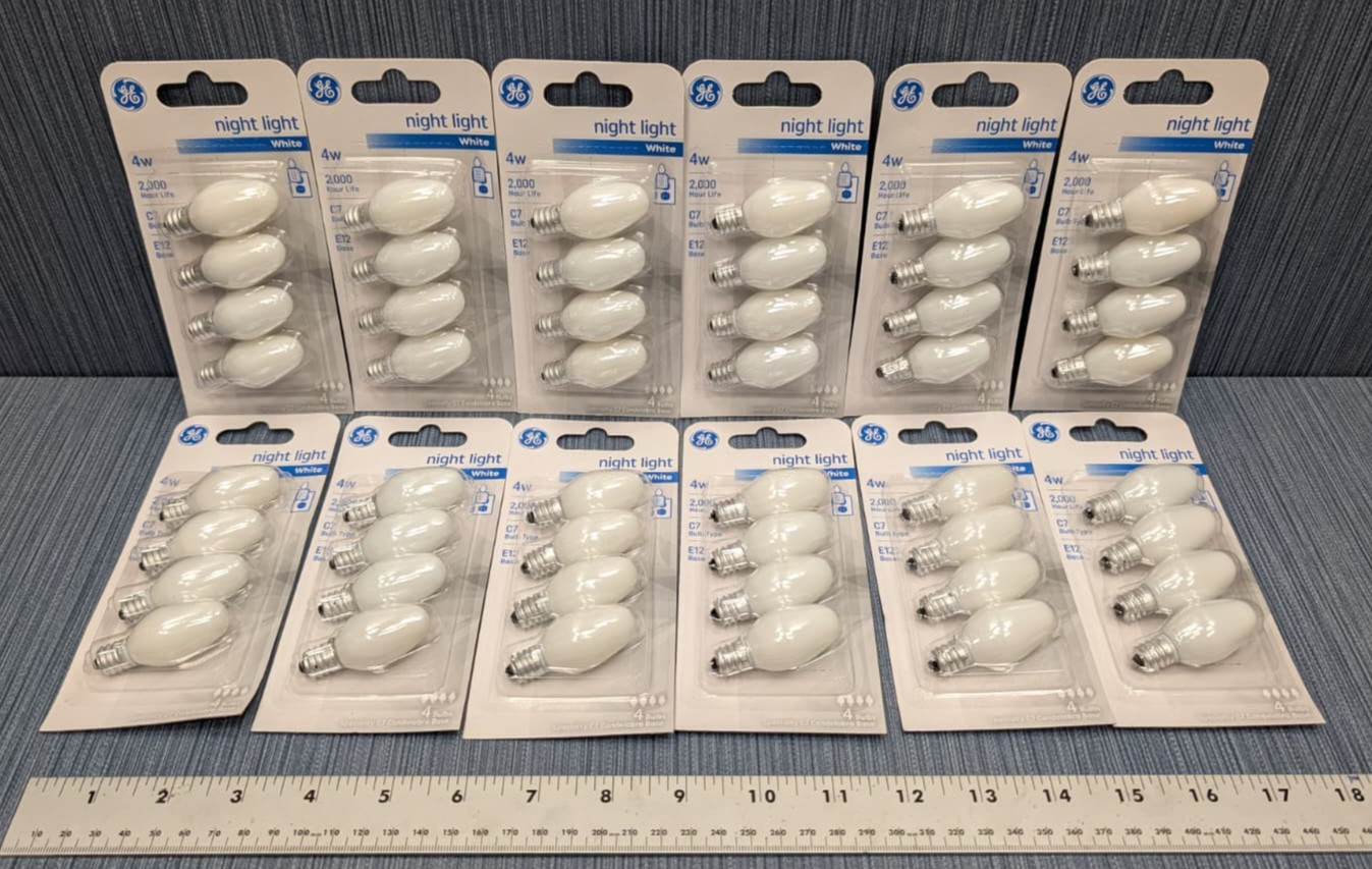 GE 48 WHITE NIGHT LIGHT BULBS- 12 Separate Packs with 4 Bulbs C7