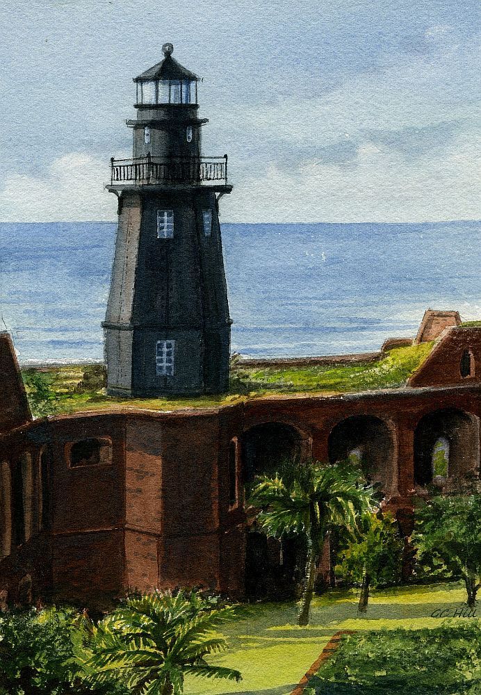 Tortugas Harbor Lighthouse Garden Key Dry Tortugas Florida. Watercolor Notecards