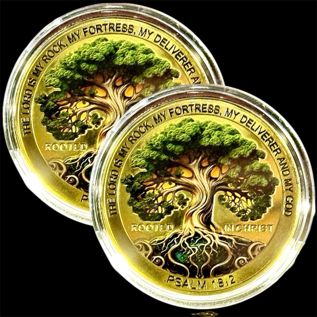LOT X 2 TREE OF LIFE ROOTED IN CHRIST 24K GOLD LAYERED COLORIZED COINS CAPSULE