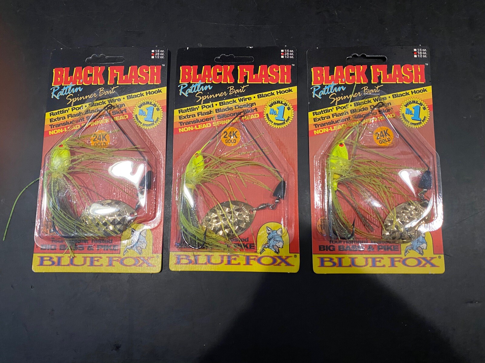 Blue Fox Black Flash Rattling Spinner Bait 3/8oz  Chart Gray Lot Of 3