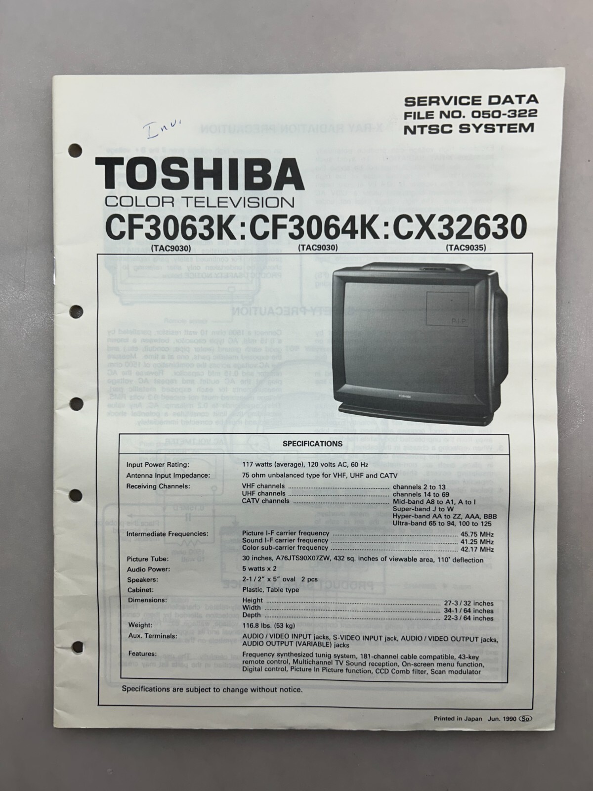 Toshiba CF3063K CF3064K CX32630 Original Service Manual Free Shipping