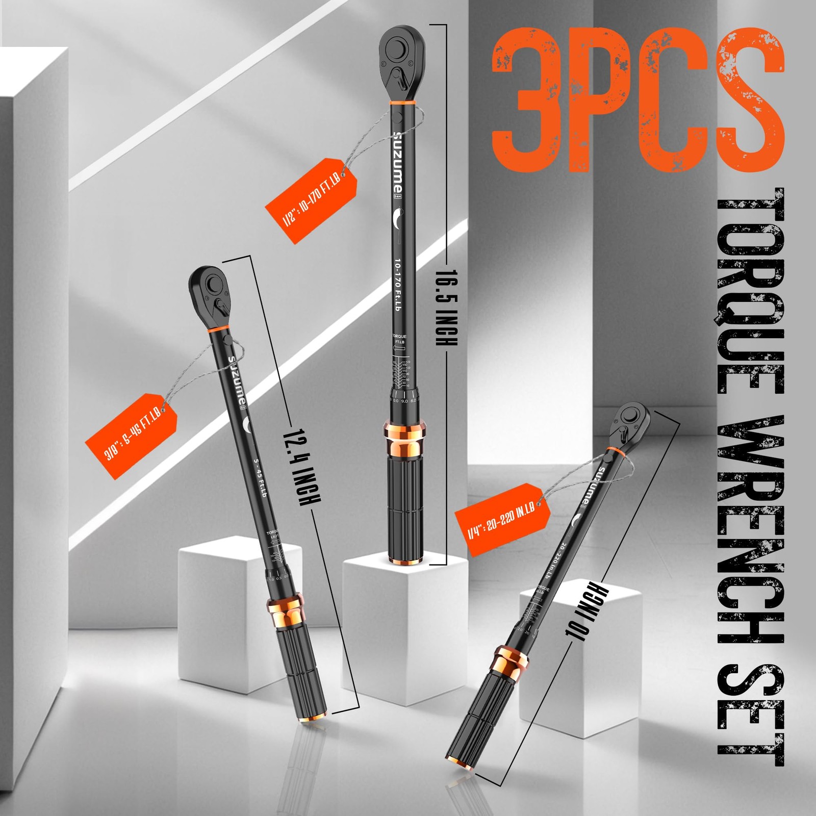 SUZUME 3PCS Torque Wrench Set 72 Teeth Dual-Direction Adjustable Torque Wrenc...