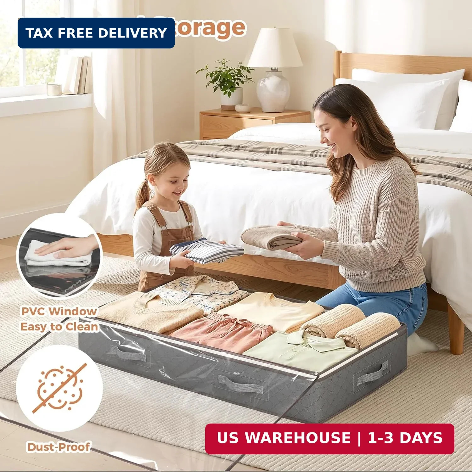 90L Under Bed Storage Containers, 4 Pack Closet Organizers Grey | Foldable under