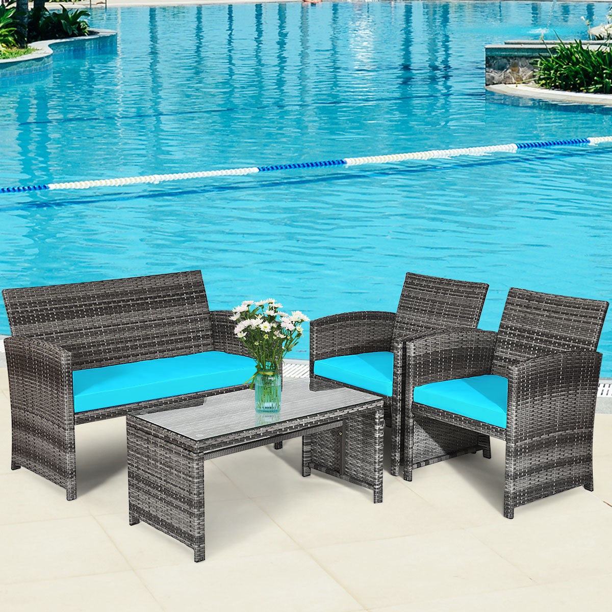 Topbuy 4 PCS Patio Rattan Wicker Sofa Furniture Set W/Cushions Turquoise