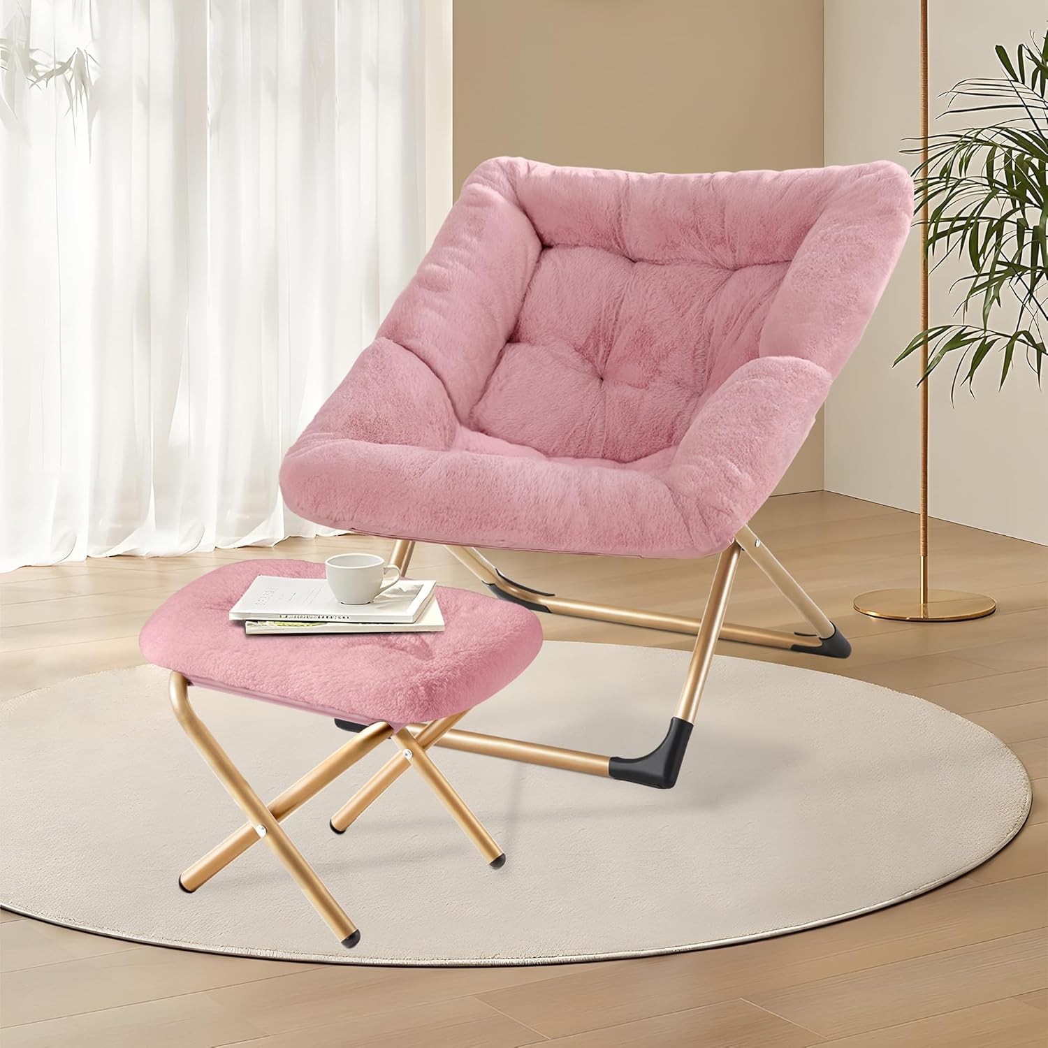Foldable Oversized Reading Chair with Ottoman, Non-Slip Pad & Cozy Faux Fur