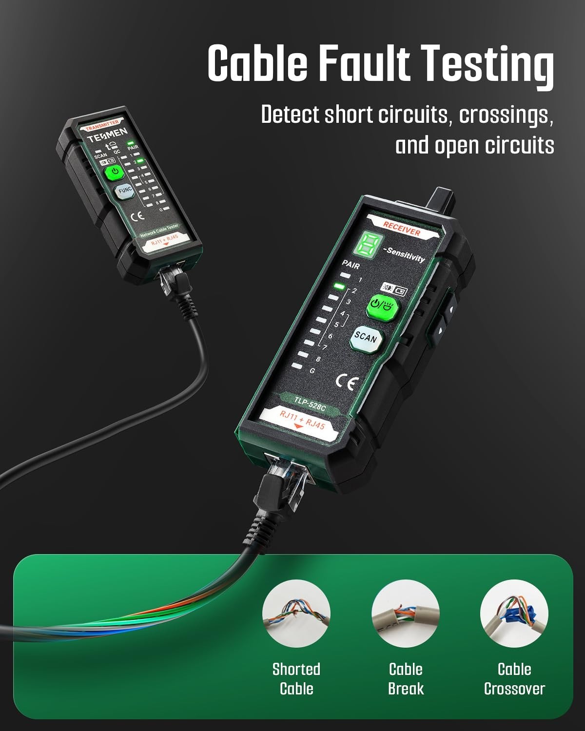 Compact RJ11 RJ45 Network Cable Tester & Wire Tracer - Green