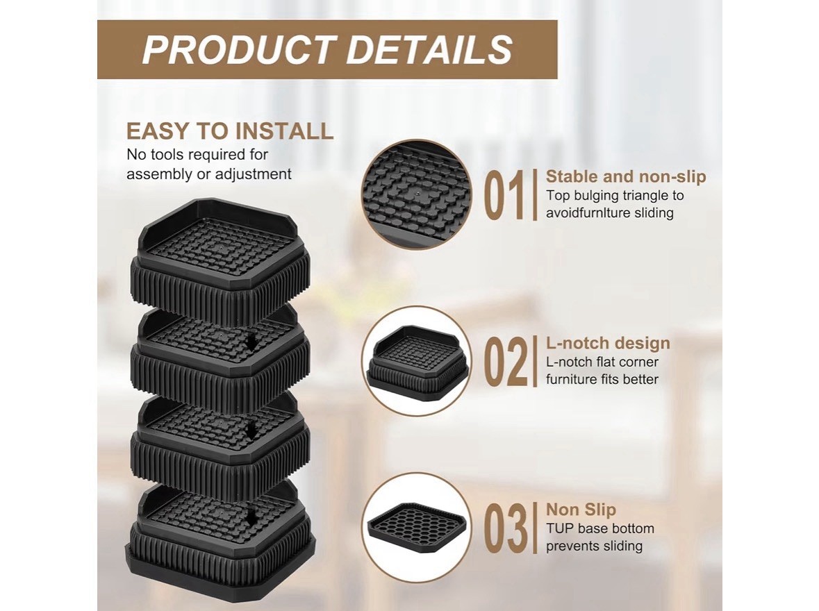 Bed Risers, Square Heavy Duty Stackable Lift Block to 1 Inch, Black