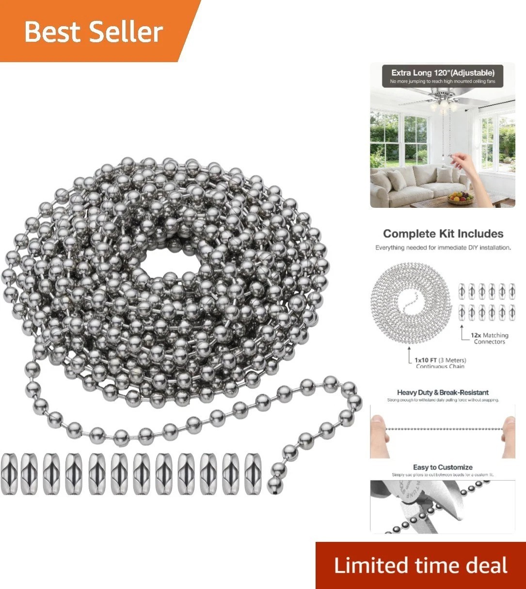 10 Feet Silver Ceiling Fan Pull Chain Brass Beaded DIY Replacement