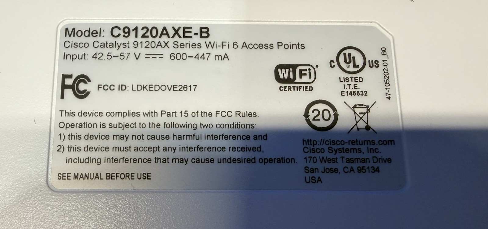 Cisco Catalyst C9120AXE-B Wi-Fi 6 Wireless Access Point - No Antenna - Read