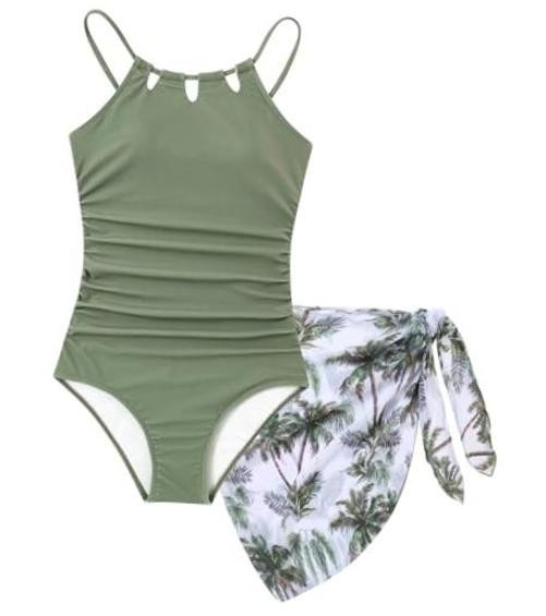 Girls Swimsuit One-Piece Bathing Suit with Mesh Cover Ups 11-12 Years Green