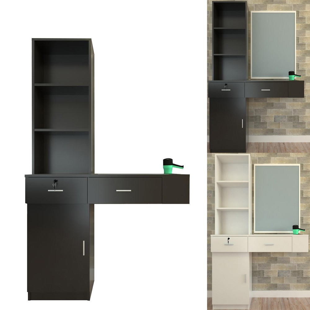 Black/White Locking Wall Mount Hair Styling Barber Salon Station Drawer Storage