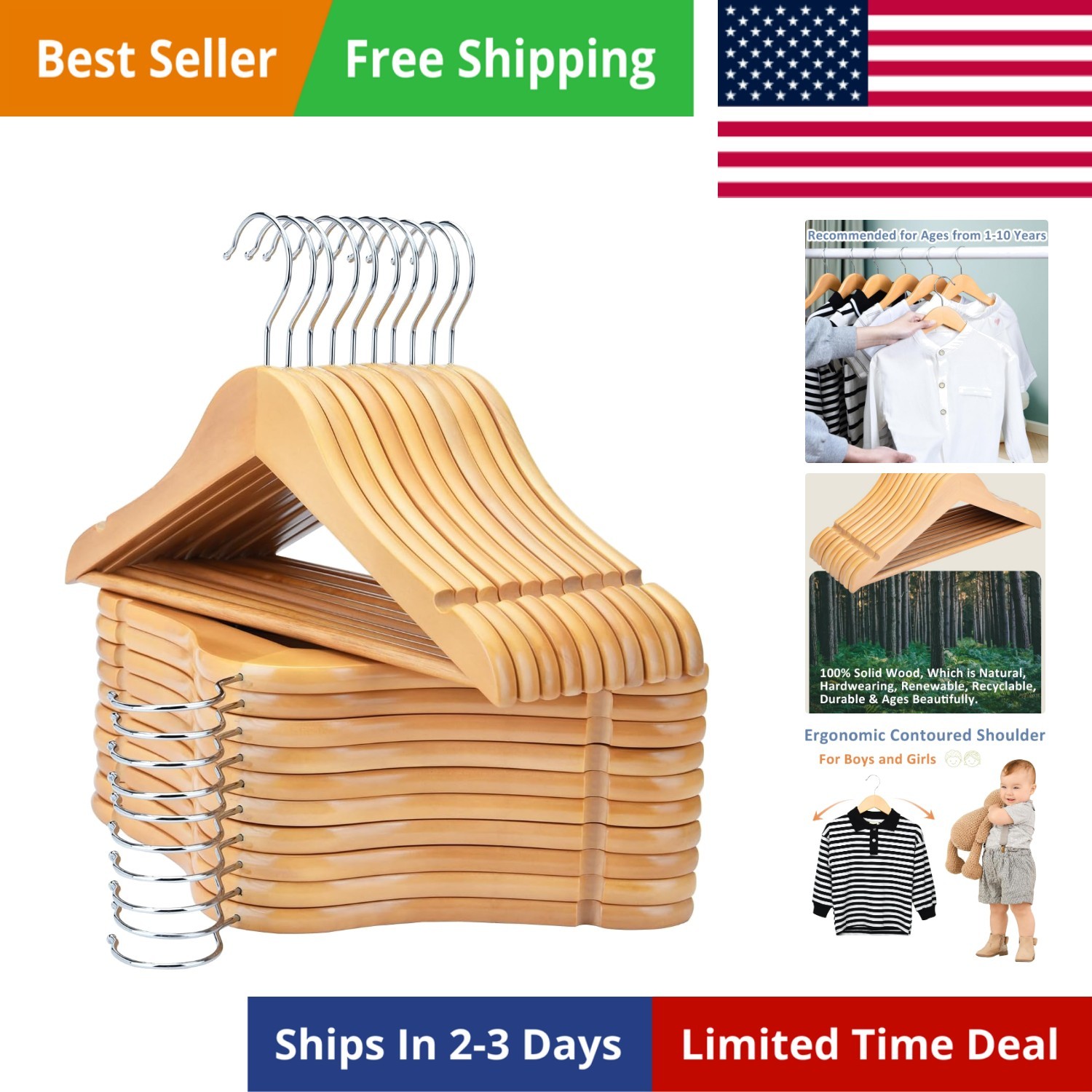 Kids Hangers 20 Pack 12.8 Inch, Natural Wooden Baby Childrens Hanger for Clos...