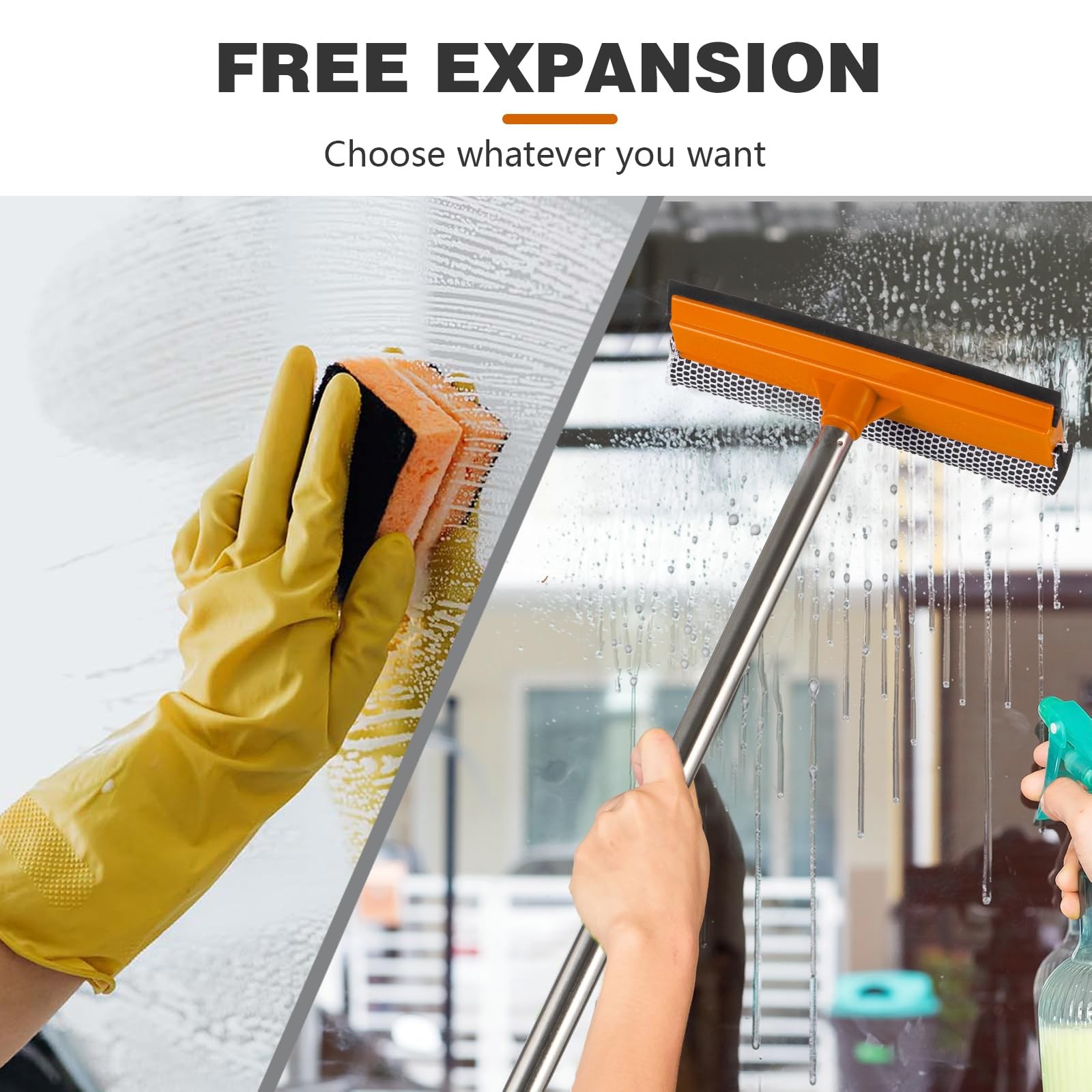 2-in-1 Adjustable Window Squeegee with Extendable Stainless Steel Pole
