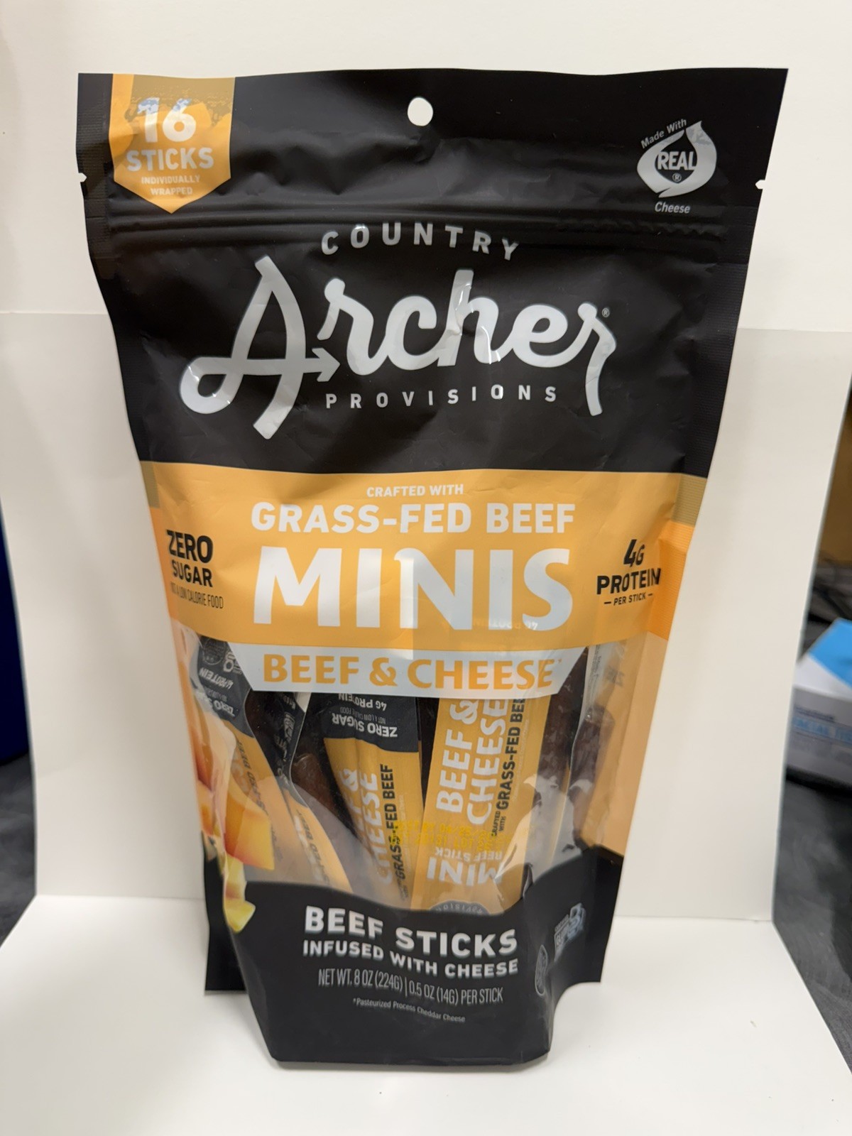 Country Archer Beef & Cheese Mini 16  Sticks Each  1 pack. Grass feed jerky