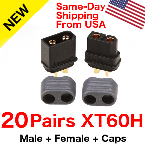 20 pairs AMASS XT60H Connector Plug 3.5mm Gold Plated Plug Black Lipo W/ Caps
