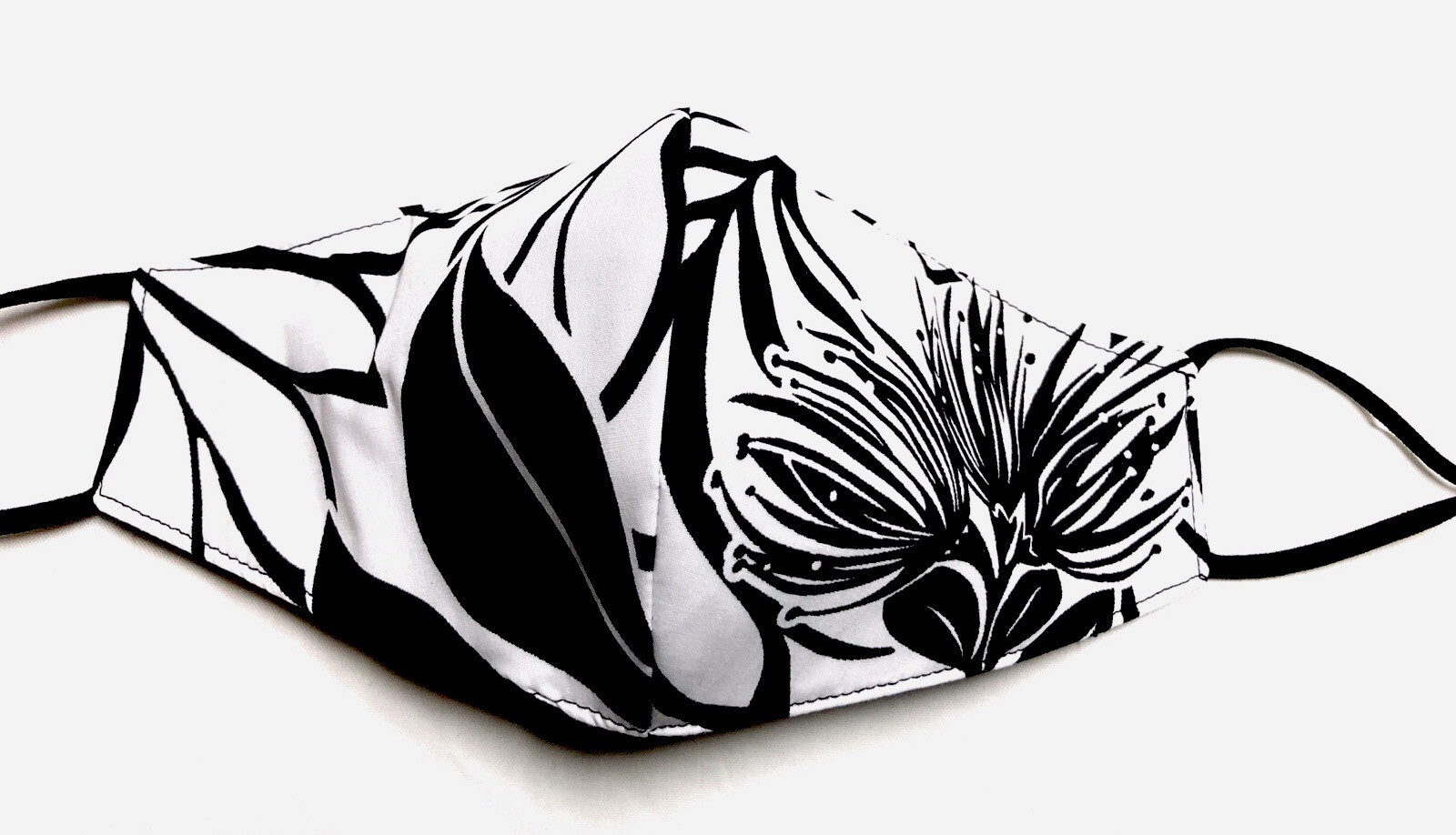 Black Lehua Blossom Hawaiian Print Cotton Face Mask Adjustable Reversible