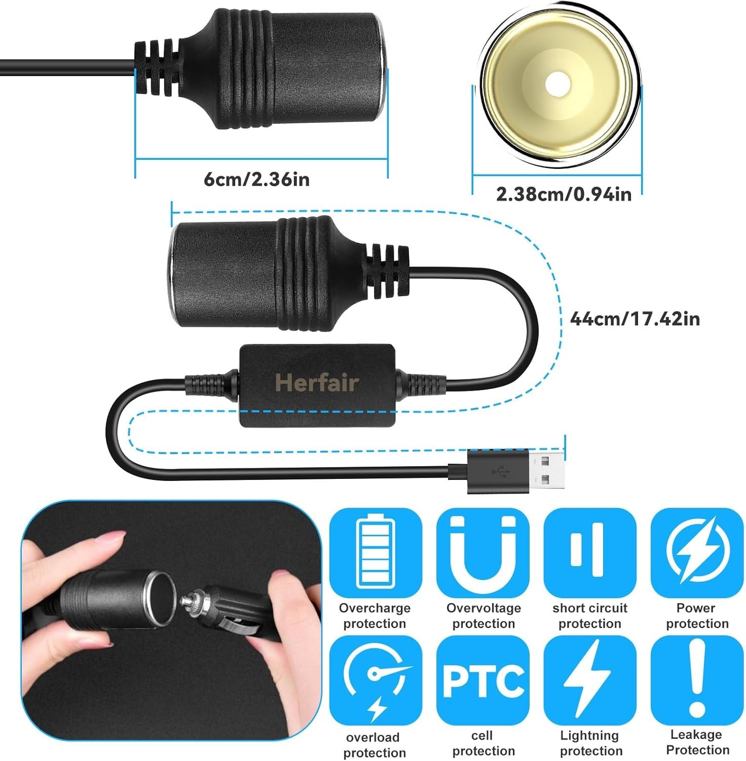 Durable USB A to 12V Lighter Socket Adapter - Fast Charging for Car Electronics
