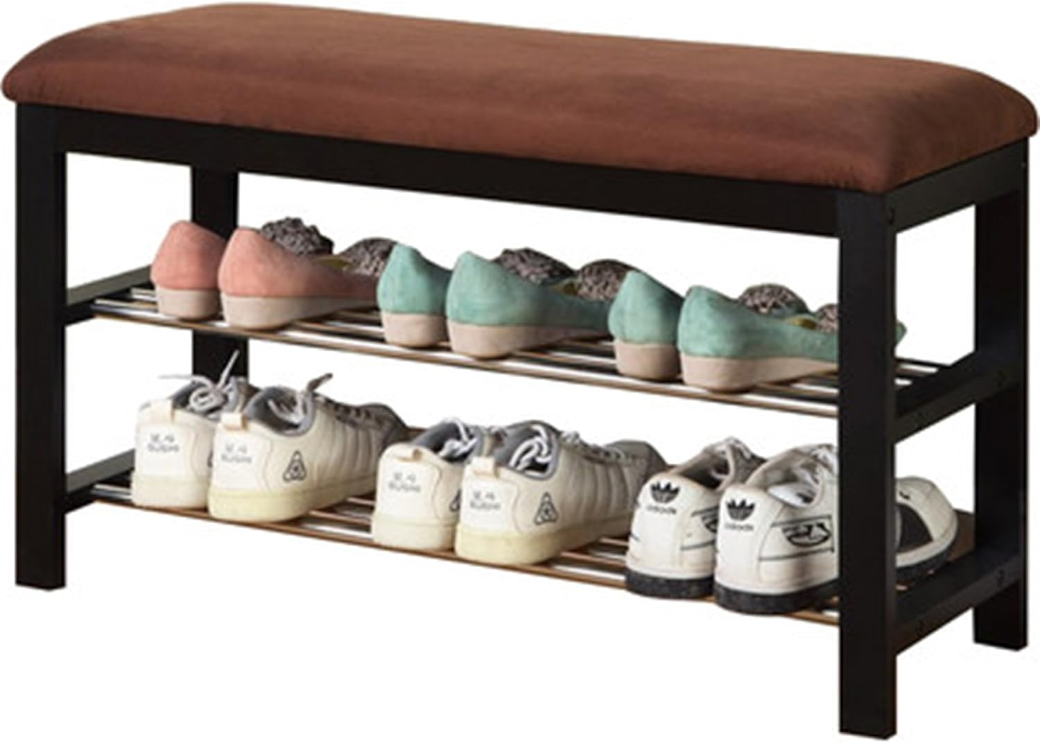 Dark Espresso Wood Shoe Bench with Chocolate Microfiber Seat, Brown, 19.00 X 12.
