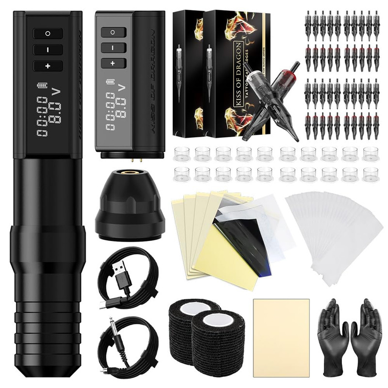 Kiss Of Dragon Wireless Tattoo Machine Pen Kit Complete Rotary Tattoo Gun Two