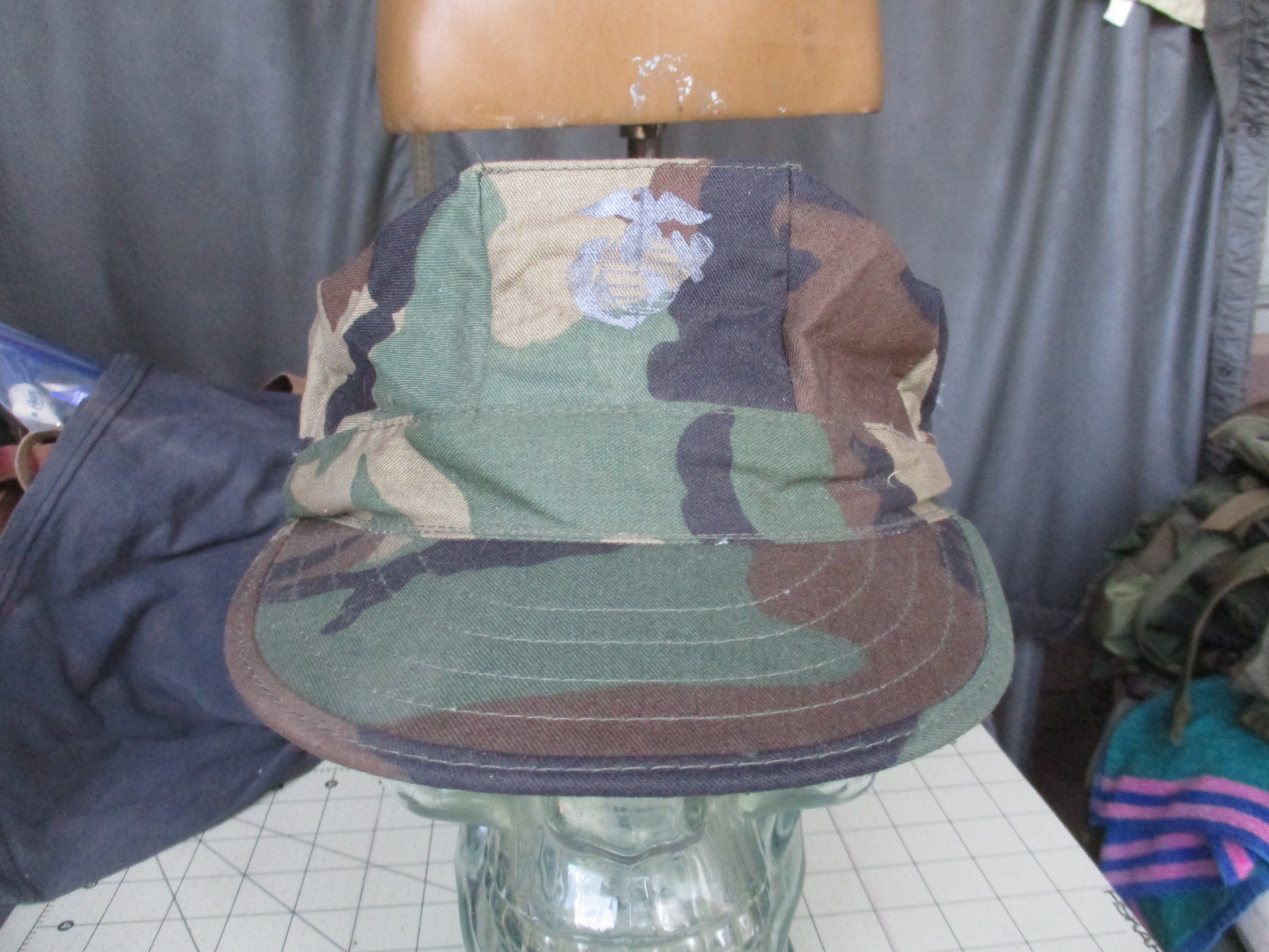 USMC 1990 Woodland, M81 BDU Marine Corps EGA Cover, Unissued Hat, LARGE