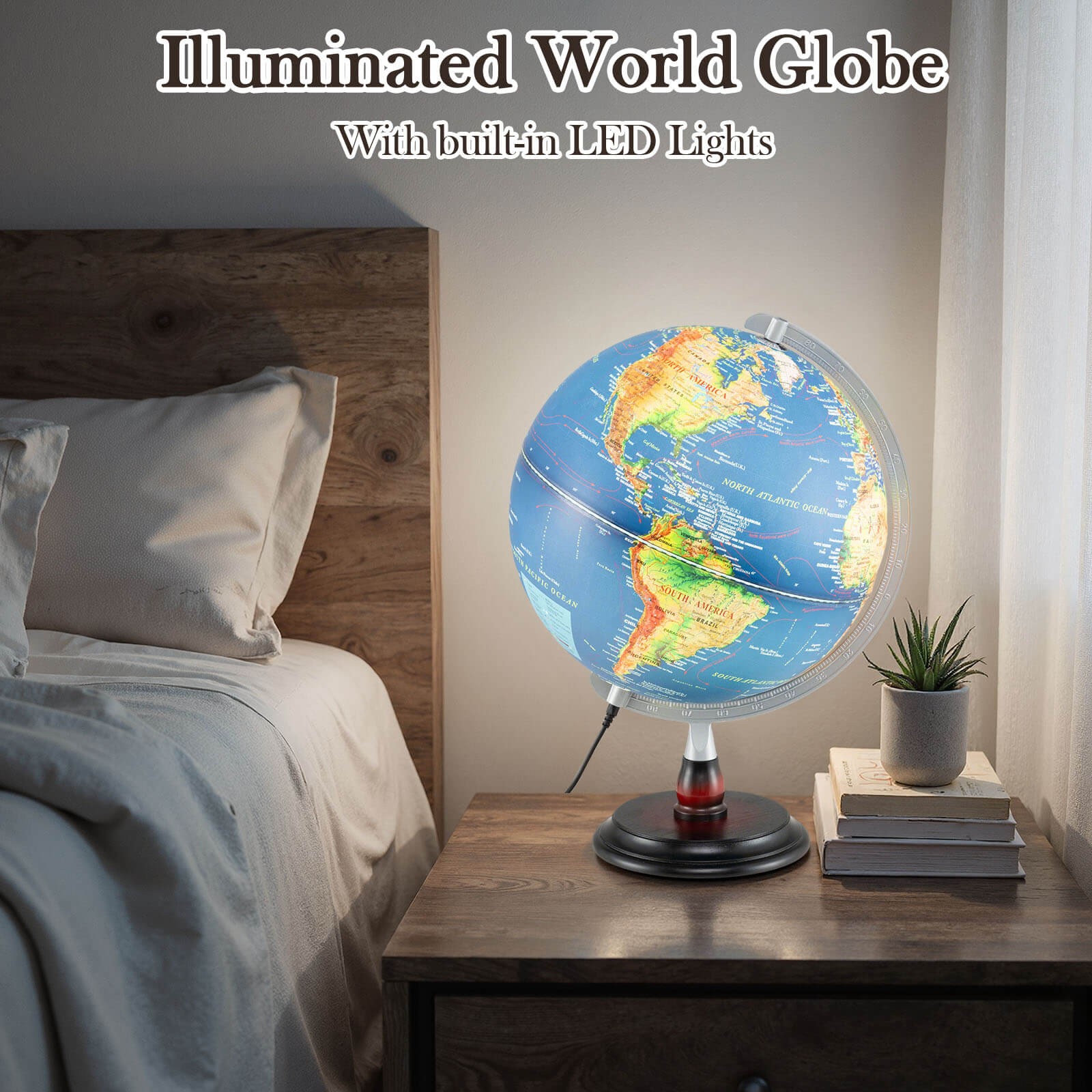 12" Illuminated World Globe w/Raised Relief LED Lights & Time Zone Non-Slip Base