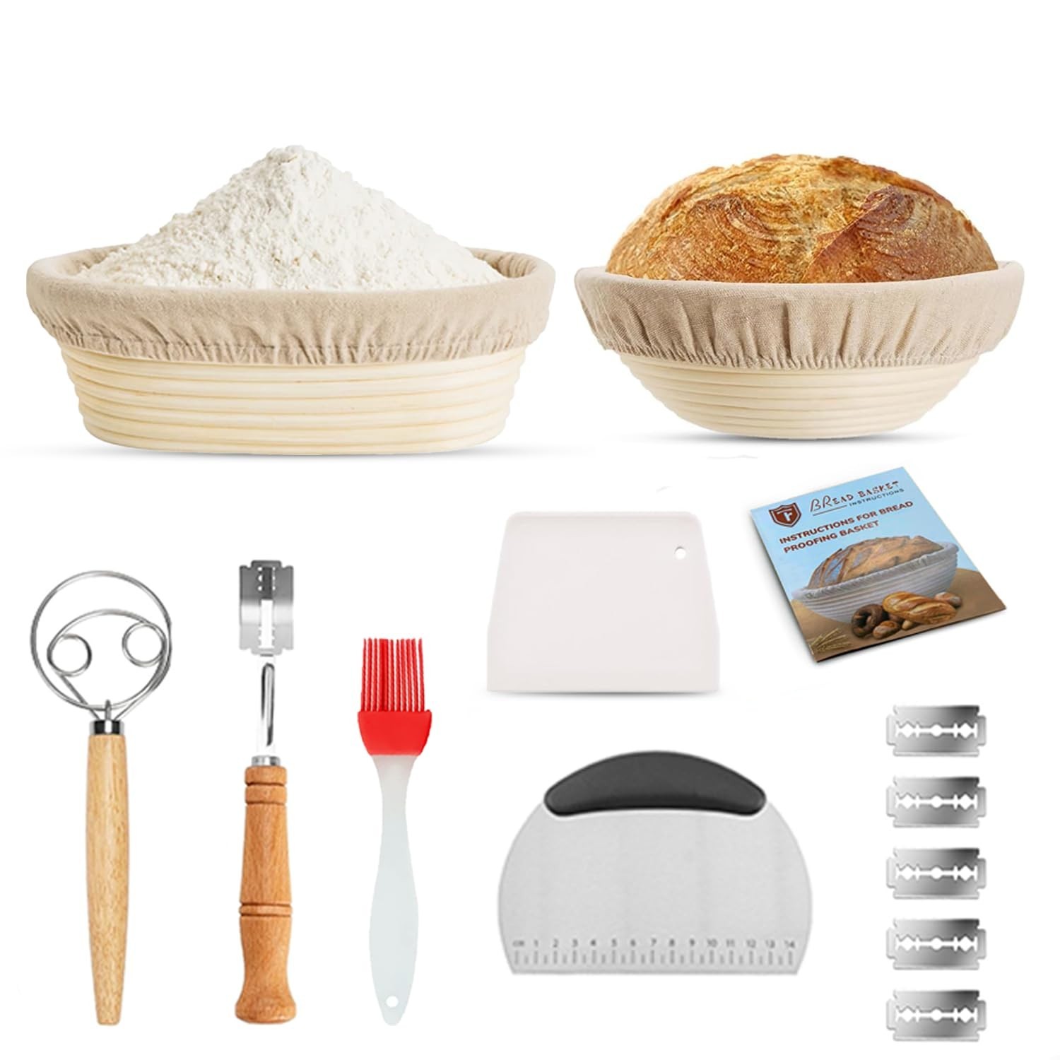Sourdough Starter Kit of 9-Inch Round and 10-Inch Oval Banetton Proofing Bask...