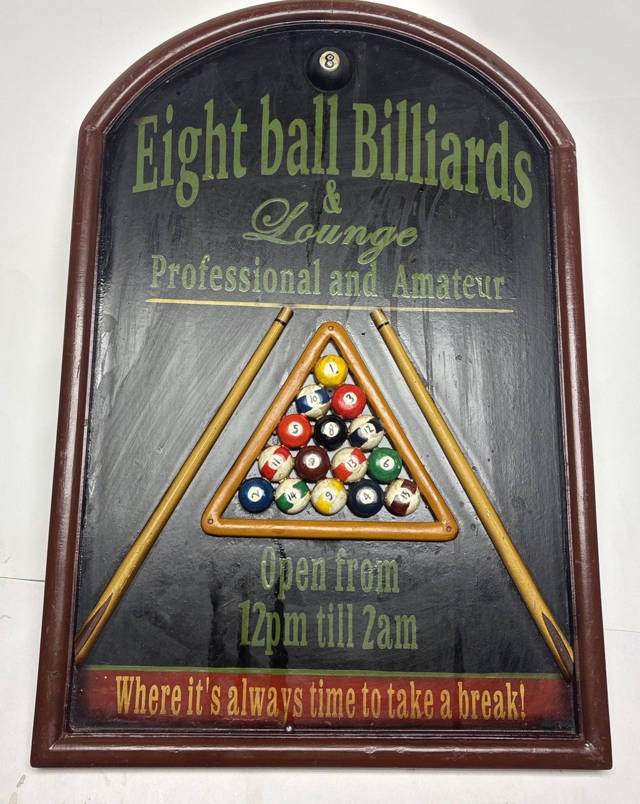 3D Billiards Pool Hall Wooden Sign Plaque Vintage 24”x16” Eight ball Billiards