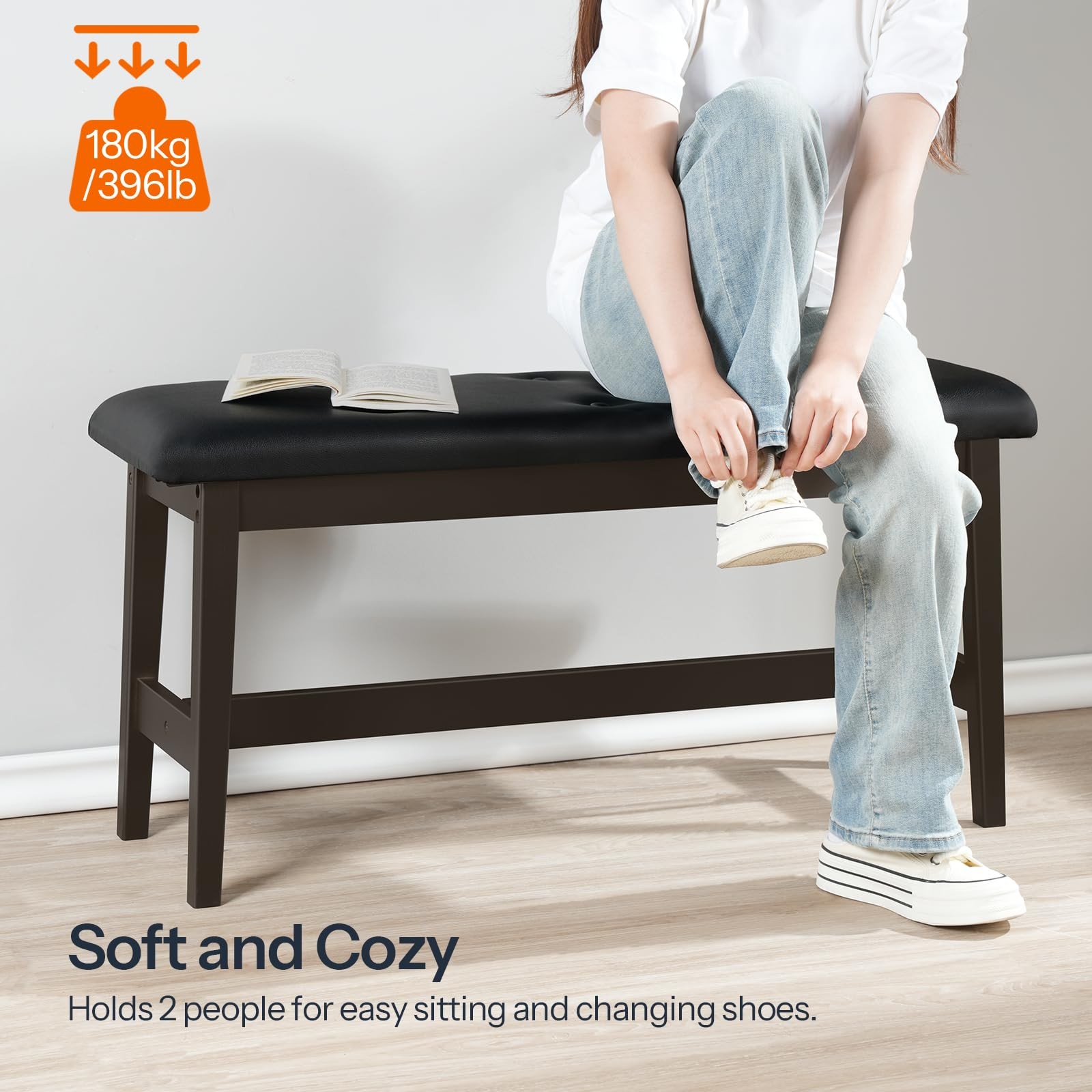 HOOBRO Dining Bench, Bamboo Dining Room Bench with PU Leather Upholstered Seat,