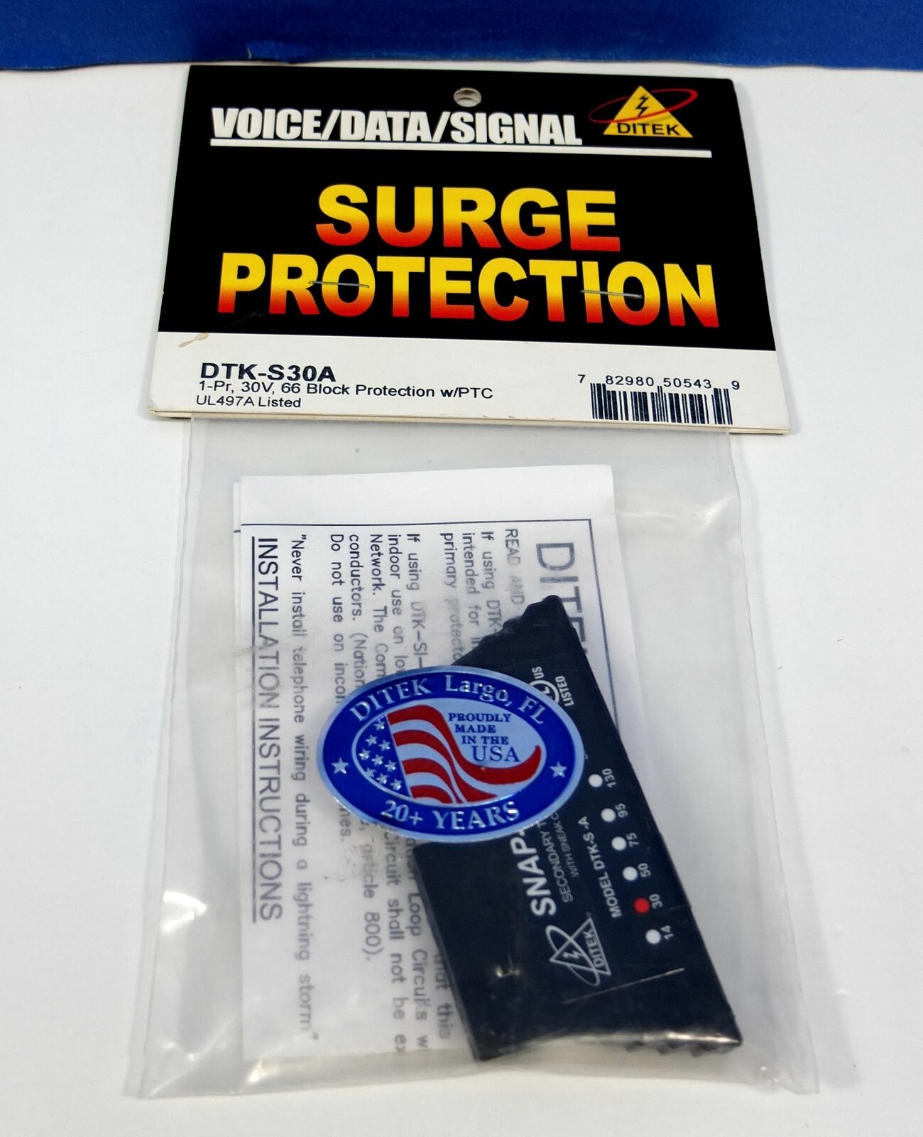 DITEK DTK-S30A Snap-On 66 Block Quick Connect w/PTC Surge Protection 30V