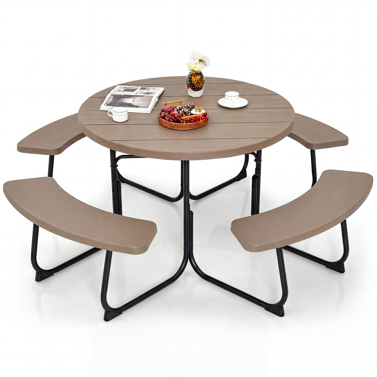 Outdoor 8-person Round Picnic Table Bench Set w/ 4 Benches & Umbrella Hole Black