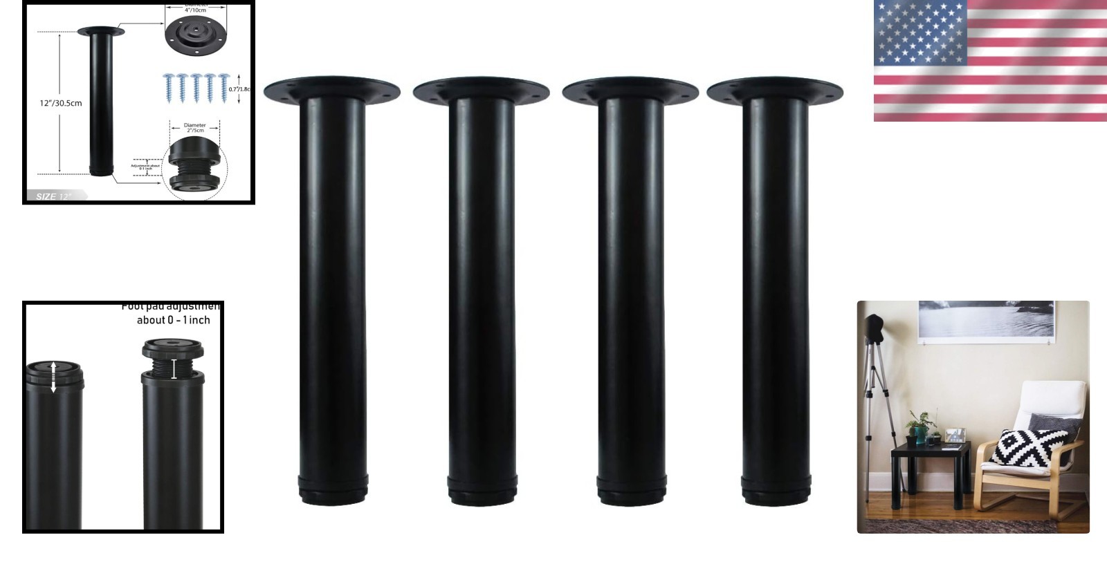 12-Inch Adjustable Black Metal Table Legs - Set of 4 for All Furniture Types