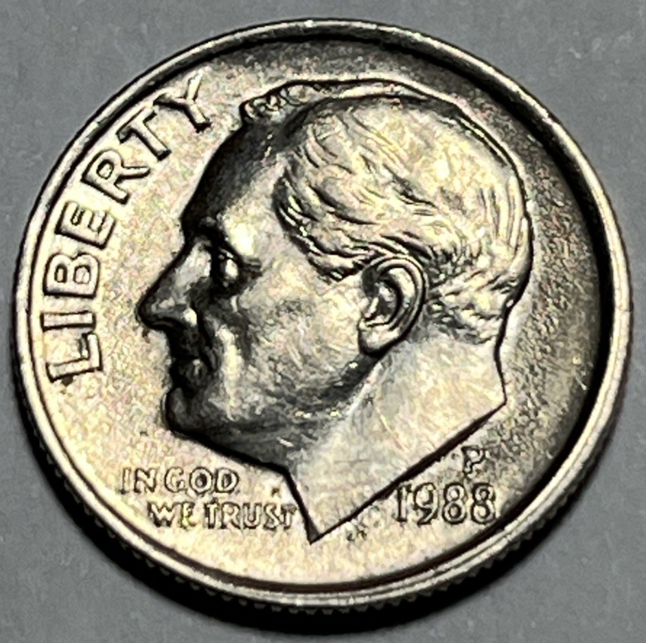 1988 P Roosevelt Dime Errors Strike Through Grease DDO Uncirculated #4