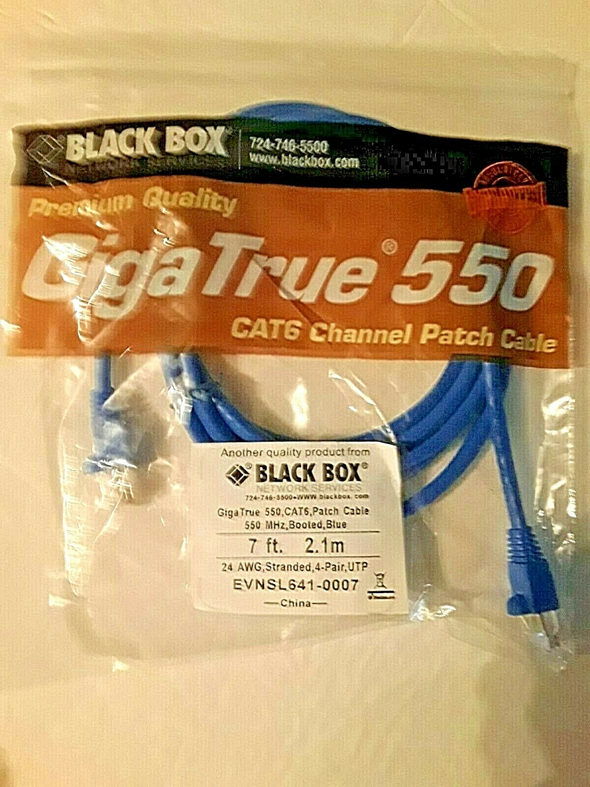 Cat6 Patch Cable, 7ft/2.1m, 550MHz, Booted, Color Blue