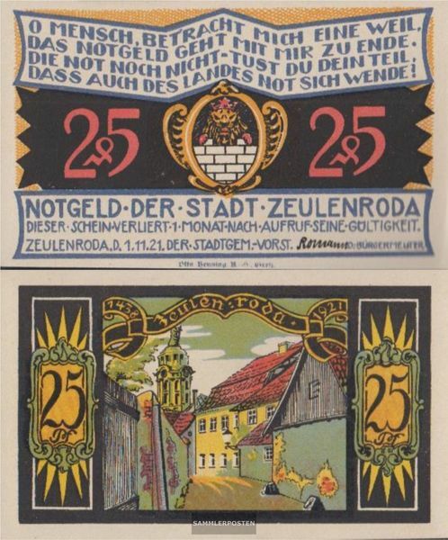 Zeulenroda Notgeld: 1470.1 1. 1438/1921 Notgeld City Zeulenroda uncirculated 192