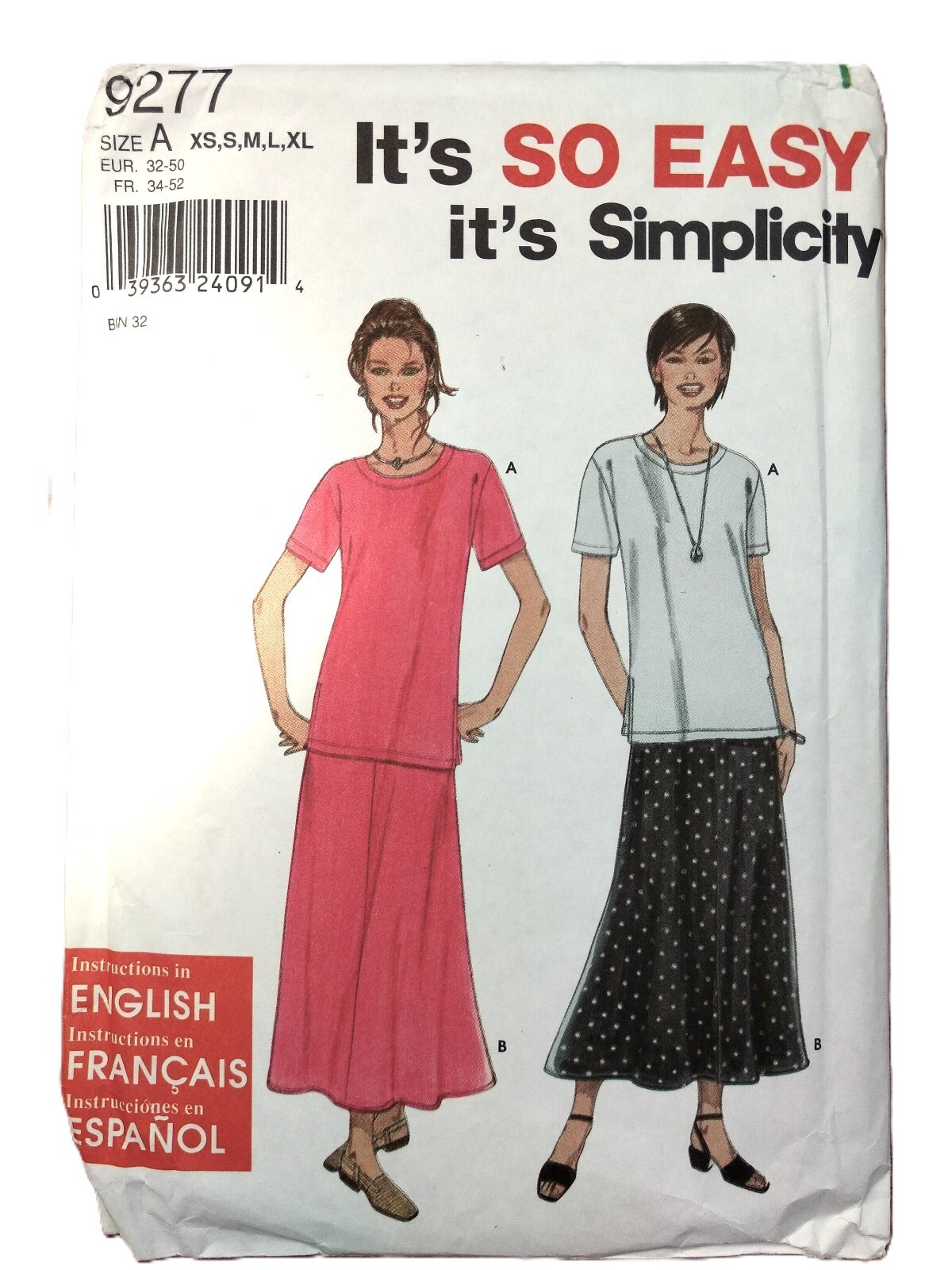 Vintage Peasant Skirt and Top Sewing Pattern Size XS-XL Simplicity 9277 UNCUT