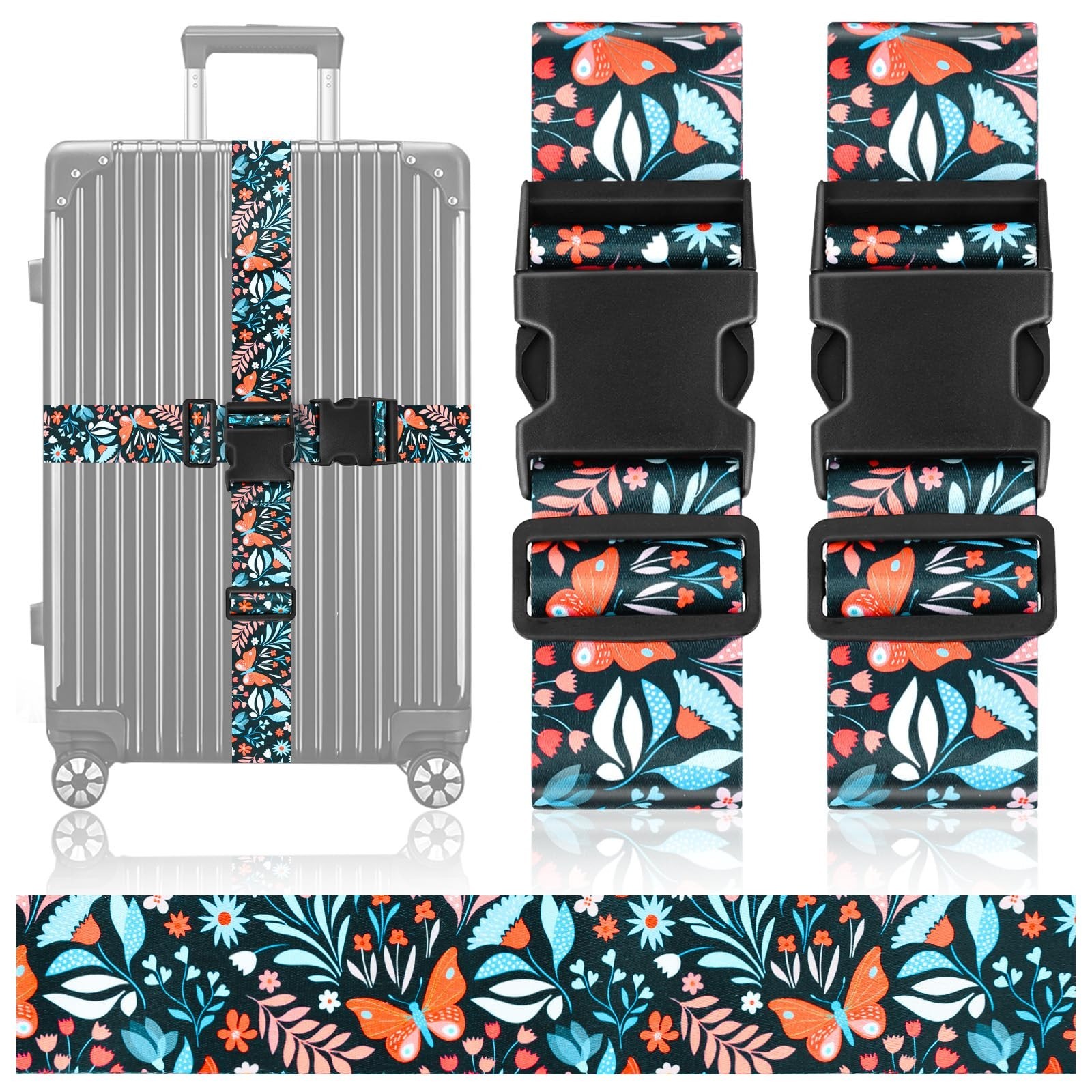 BILIONE Vibrant Flowers-Pattern Luggage Straps for Suitcases, Travel Belt Acc...