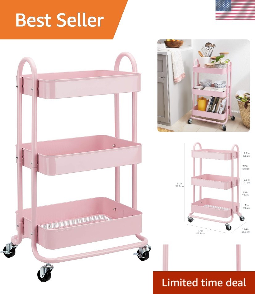 Maneuverable 3-Tier Metal Cart in Dusty Pink - Indoor/Outdoor Storage Solution