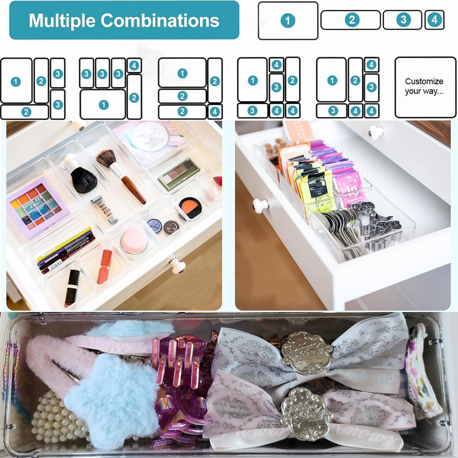 27 Pack Clear Plastic Drawer Organizer Set - 4 Sizes Makeup Vanity Organizer ...