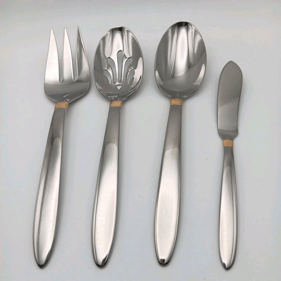 Gorham Narraqansett Gold Glossy 4 Piece Serving Set Stainless Flatware New