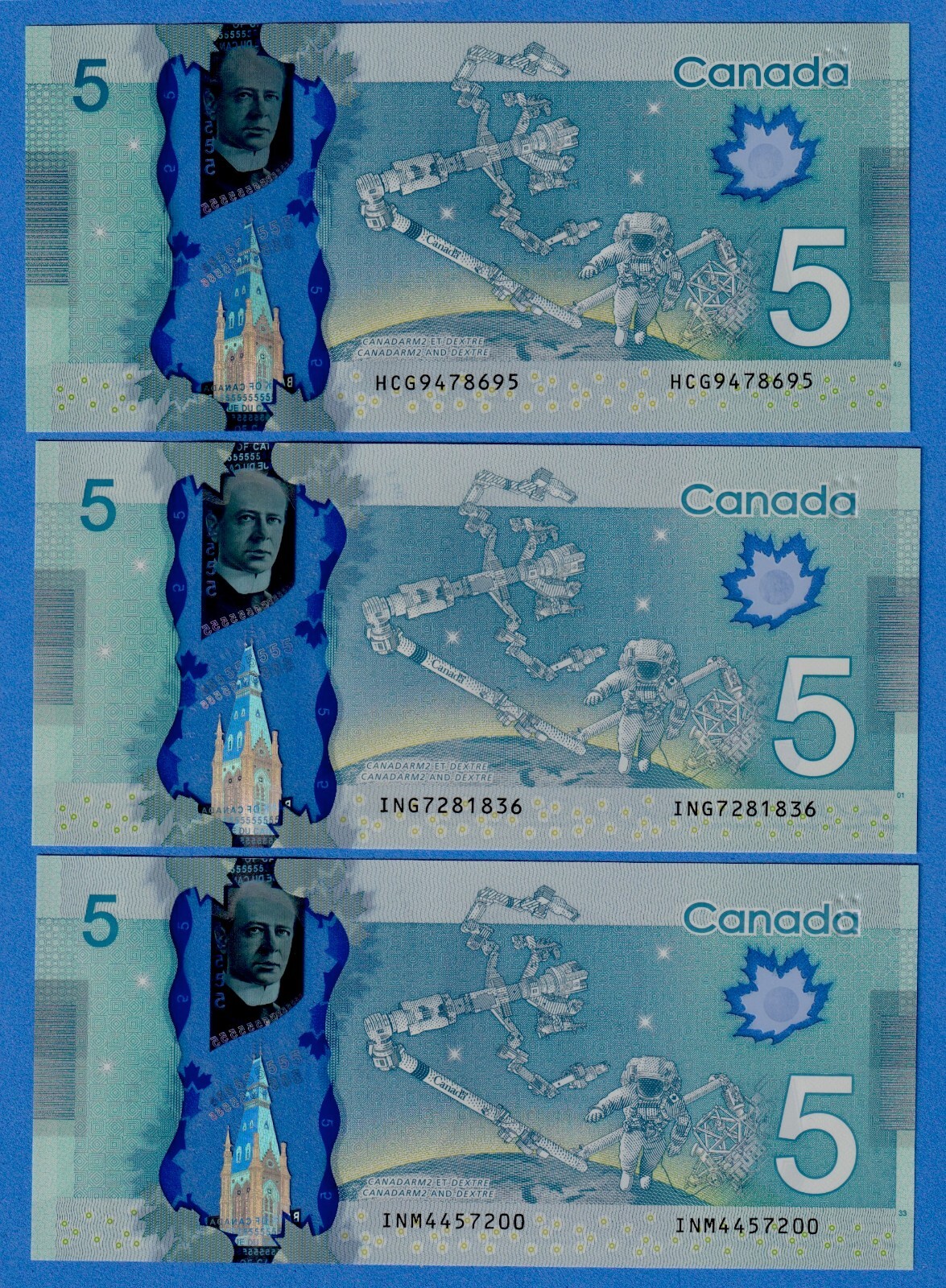 Canada $5 2013 Combo - 3 UNC Polymer Notes P106b,d,e 3 Different Signature Sets