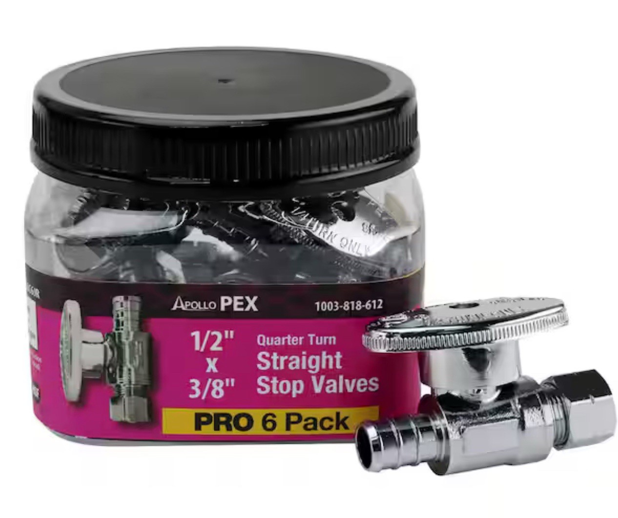 6PK 1/2" PEX X 3/8" Chrome 1/4 TURN STRAIGHT STOP VALVE (LEAD-FREE)