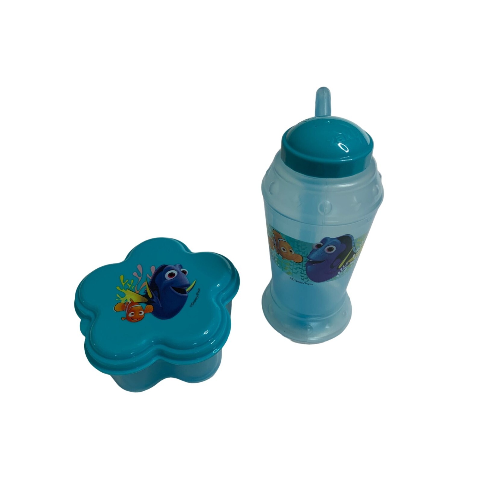 New 2 Pc Set Finding Nemo Water Bottle with Straw Snack Container with Lid Blue