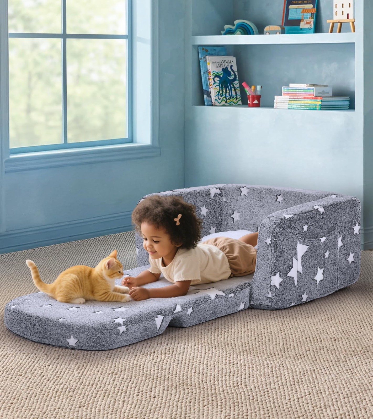 Kids Couch, 2-in-1 Soft Toddler Couch Fold Out with with Blanket and Cloud Pi...